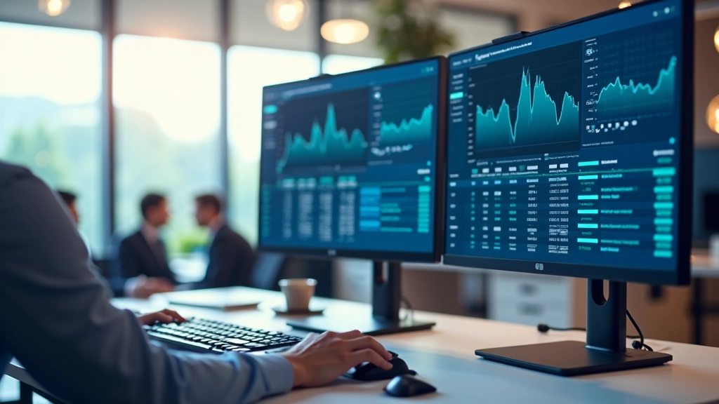 Computer monitor displaying bank transaction data synchronized with ERP system in real-time dashboard