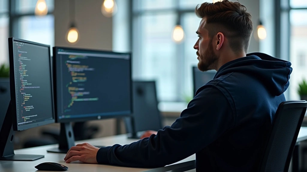 Developer at modern desk reviewing API documentation and system logs on multiple monitors in bright office setting