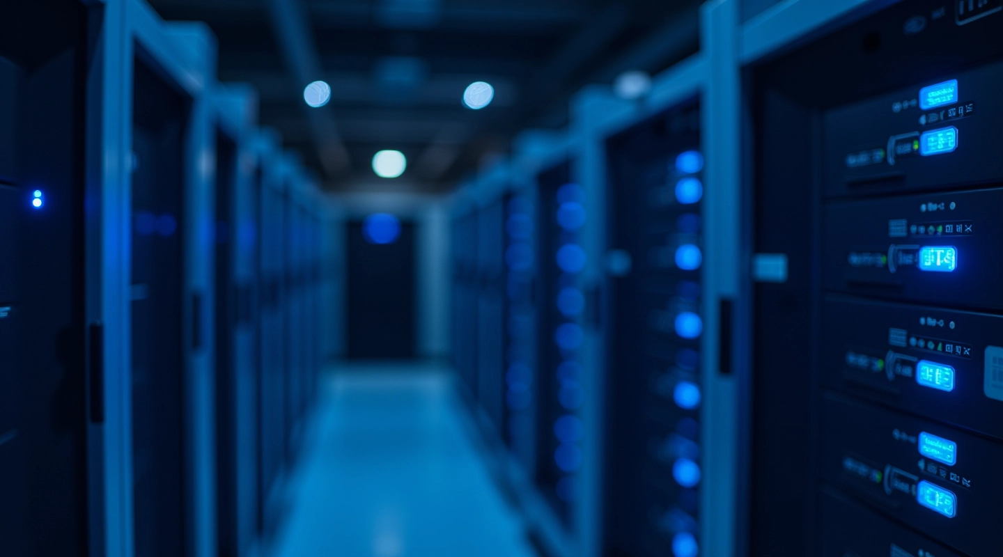 Modern data center server room with rows of rack-mounted servers and blue LED lighting