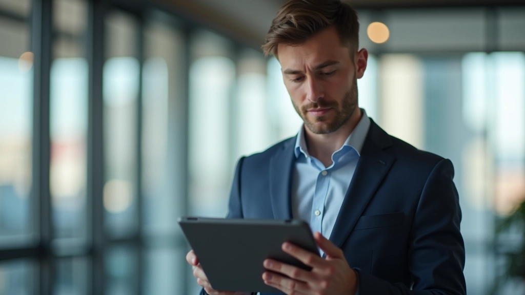 Professional holding tablet displaying financial dashboard with charts and data visualization