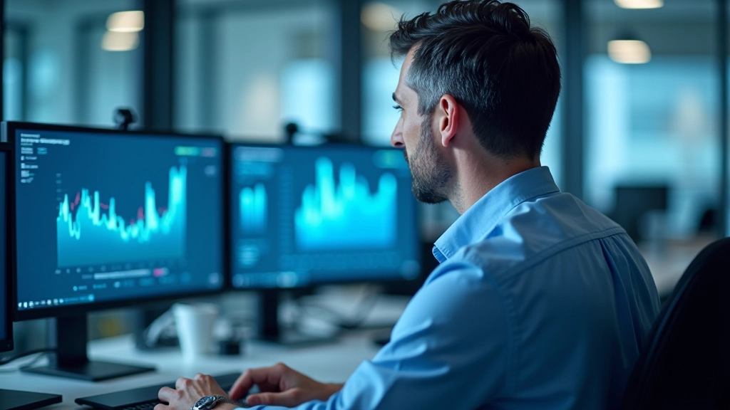Multiple computer monitors displaying real-time monitoring dashboards with charts and alerts