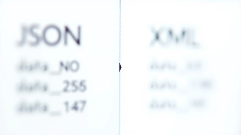 Two different file format examples displayed side by side showing JSON structure on left and XML structure on right with arrows indicating conversion process