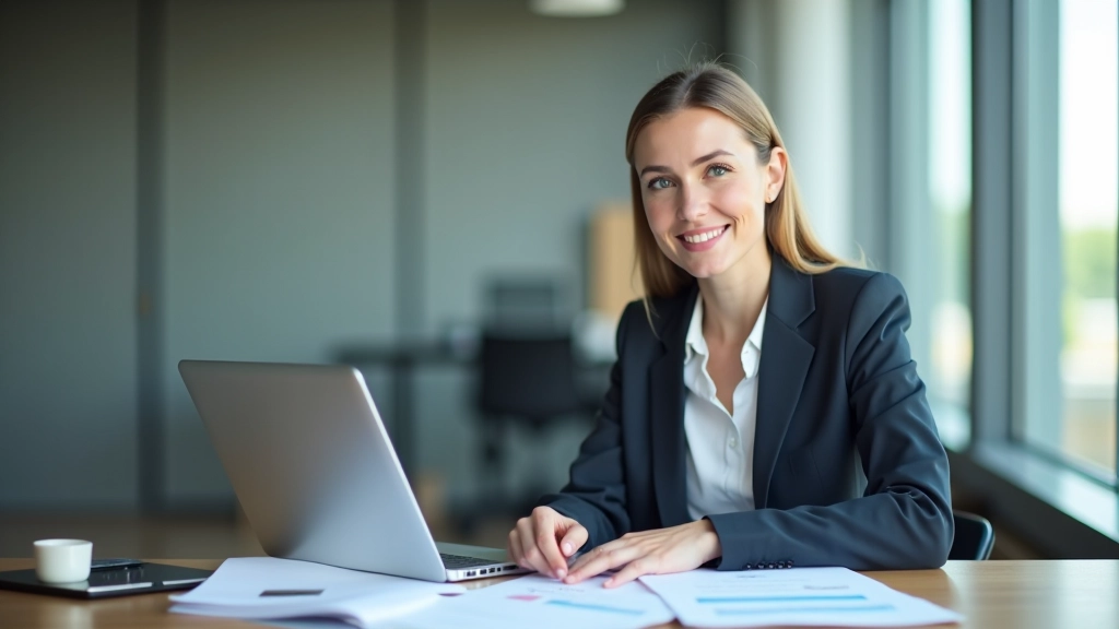 Professional woman in navy blazer seated at desk reviewing financial reports and reconciliation documents
